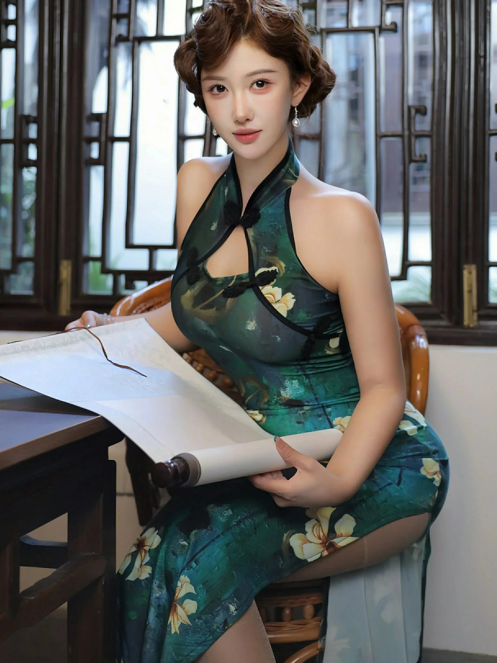 金允希Yuki 绿色旗袍