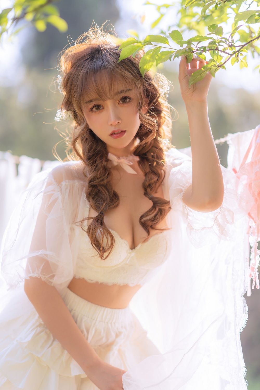 斗鱼主播过期米线线喵白色薄纱服饰+夏日晒衣服主题写真-御萝部落