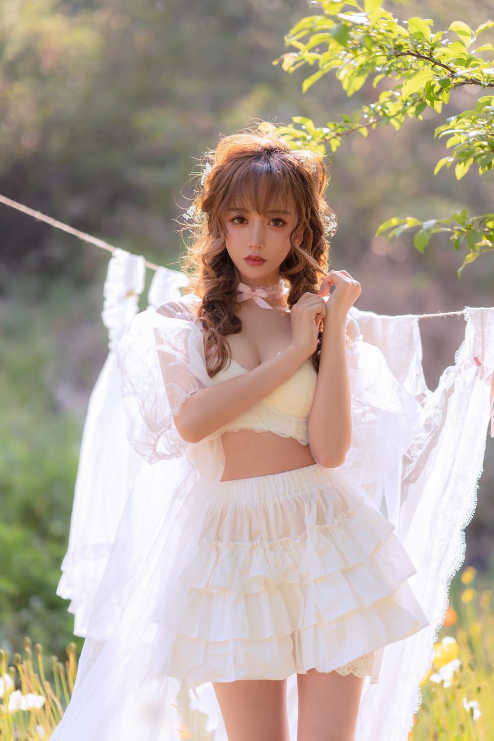 斗鱼主播过期米线线喵白色薄纱服饰+夏日晒衣服主题写真-御萝部落