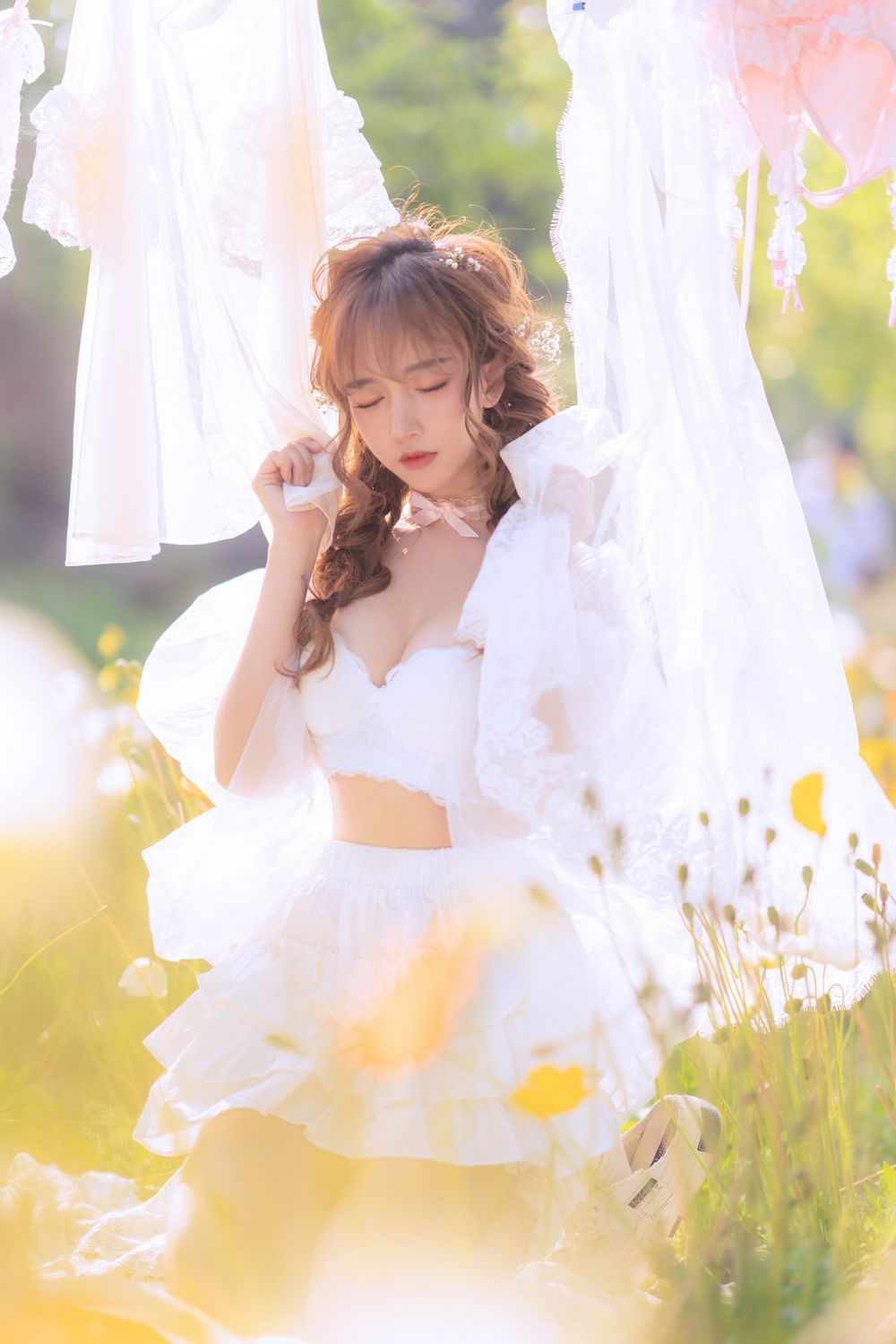 斗鱼主播过期米线线喵白色薄纱服饰+夏日晒衣服主题写真-御萝部落