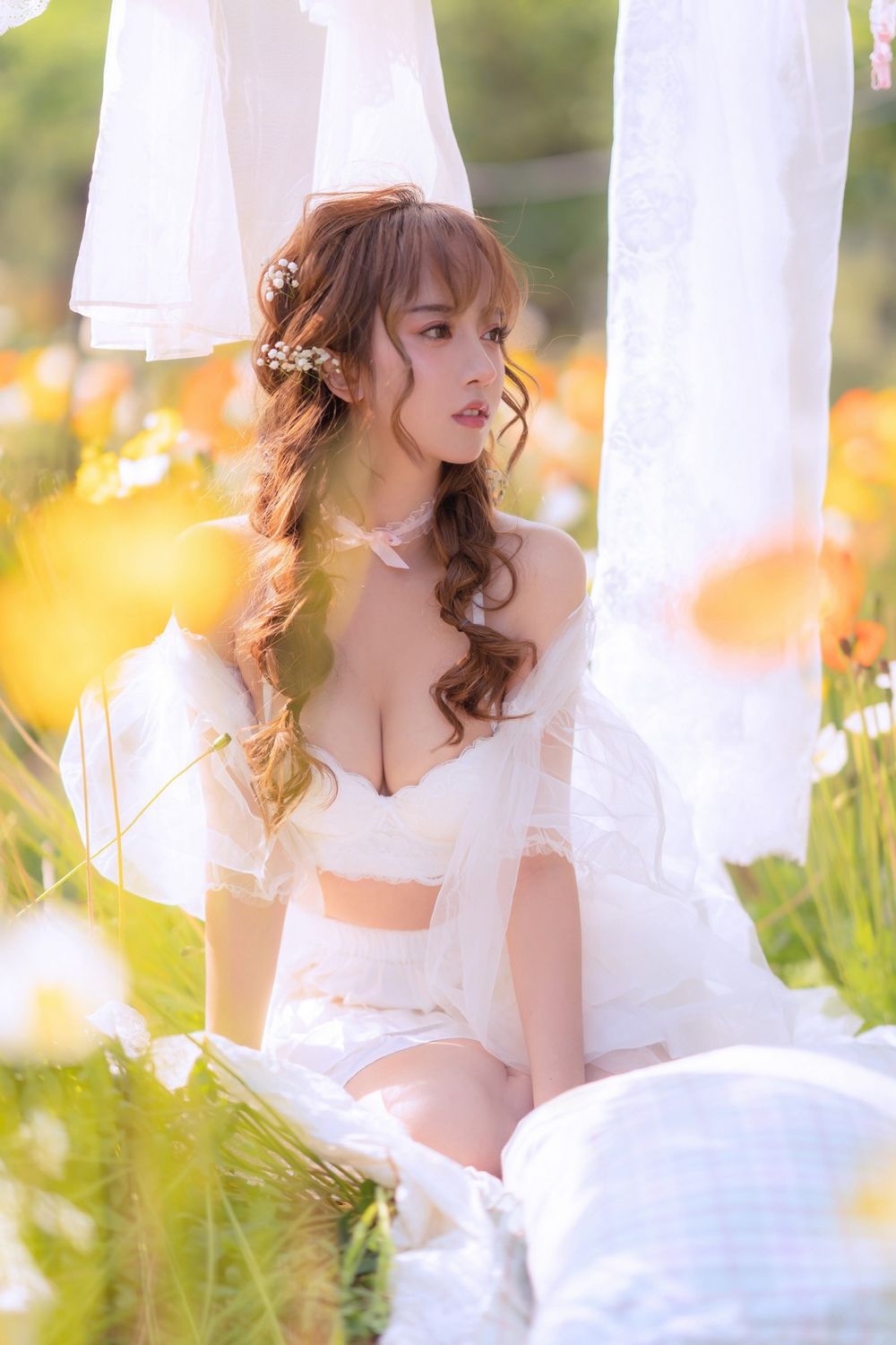 斗鱼主播过期米线线喵白色薄纱服饰+夏日晒衣服主题写真-御萝部落