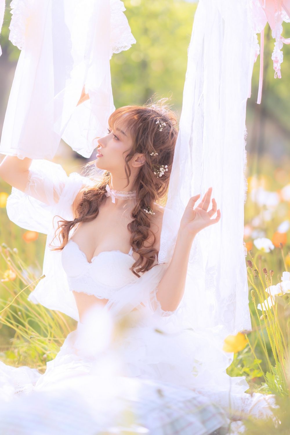 斗鱼主播过期米线线喵白色薄纱服饰+夏日晒衣服主题写真-御萝部落