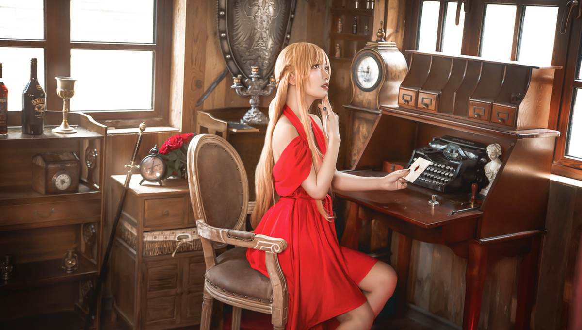 切切celia – 刀剑神域 亚丝娜 礼服：红裙长发美腿 优雅还原 28P