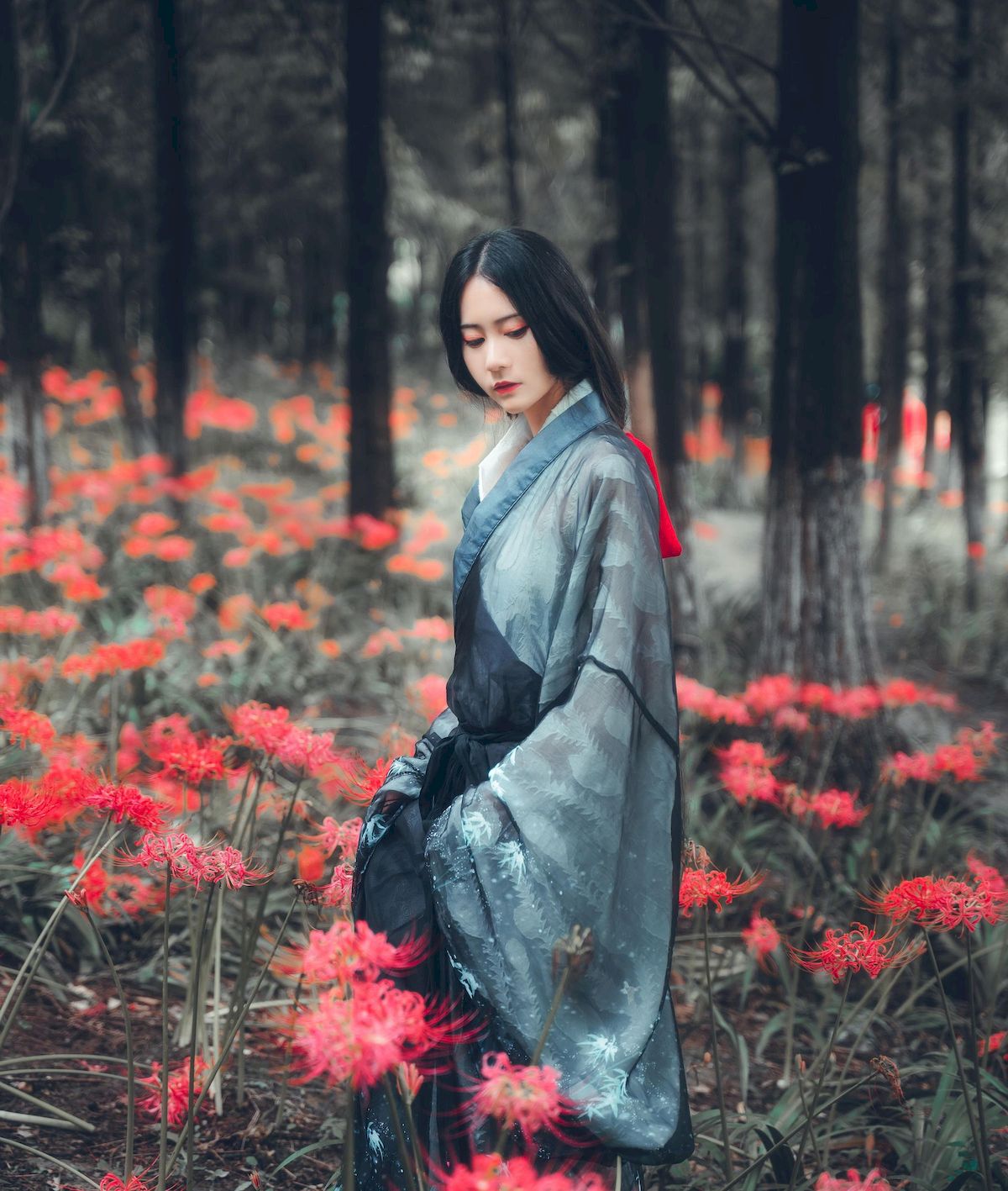 古典美女野外彼岸花丛中身着汉服 让人沉醉其中-御萝部落