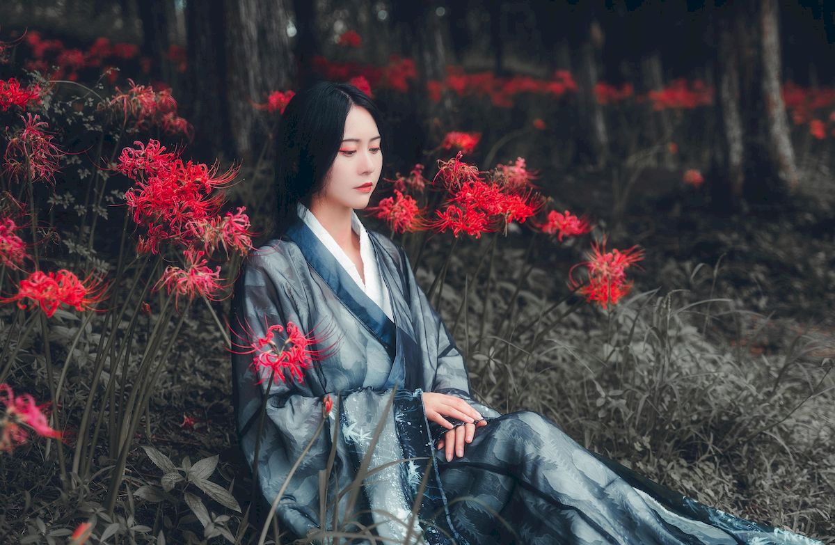 古典美女野外彼岸花丛中身着汉服 让人沉醉其中-御萝部落